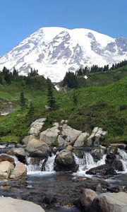 Preview wallpaper rainier, washington, usa, mountain, river