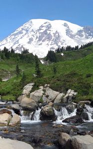 Preview wallpaper rainier, washington, usa, mountain, river