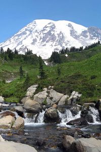 Preview wallpaper rainier, washington, usa, mountain, river