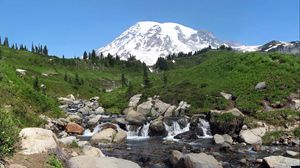 Preview wallpaper rainier, washington, usa, mountain, river