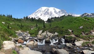 Preview wallpaper rainier, washington, usa, mountain, river