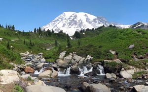 Preview wallpaper rainier, washington, usa, mountain, river