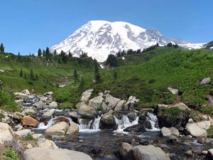 Preview wallpaper rainier, washington, usa, mountain, river