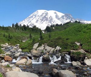 Preview wallpaper rainier, washington, usa, mountain, river