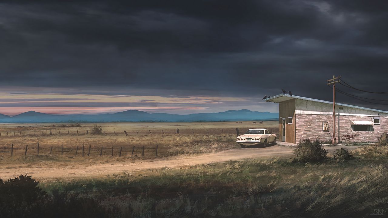 Wallpaper ranch, car, building, country, landscape, rain clouds