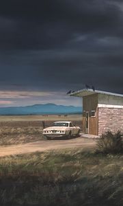 Preview wallpaper ranch, car, building, country, landscape, rain clouds