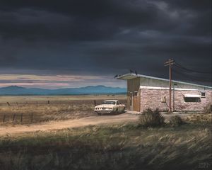 Preview wallpaper ranch, car, building, country, landscape, rain clouds