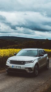 Preview wallpaper range rover, car, suv, front view, road, hills