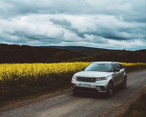 Preview wallpaper range rover, car, suv, front view, road, hills
