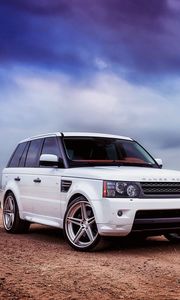 Preview wallpaper range rover, car, white, field, grass, sky, clouds