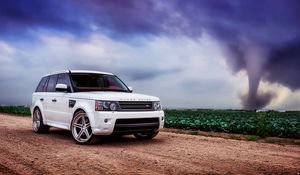 Preview wallpaper range rover, car, white, field, grass, sky, clouds