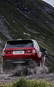 Preview wallpaper range rover sport, range rover, car, red, dust, gravel