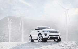 Preview wallpaper ranged rover, white, wind turbines, suv, jeep, land rover