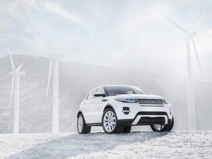 Preview wallpaper ranged rover, white, wind turbines, suv, jeep, land rover