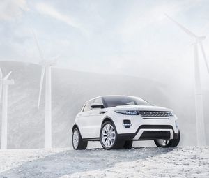 Preview wallpaper ranged rover, white, wind turbines, suv, jeep, land rover