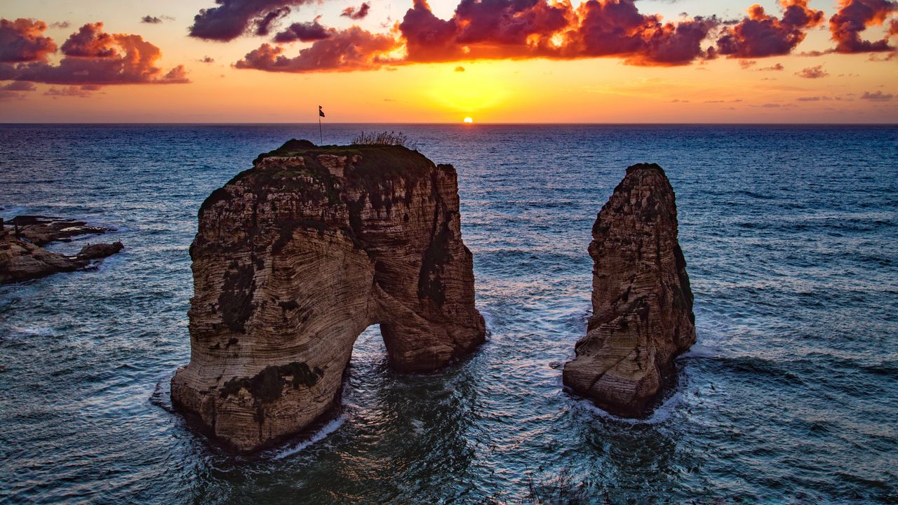 Wallpaper raouche rocks, beirut, lebanon, sea, sunset