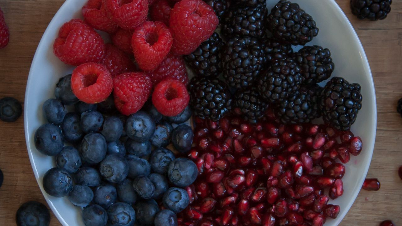 Wallpaper raspberries, blueberries, blackberries, pomegranate, berries, bowl