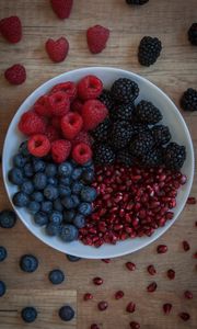 Preview wallpaper raspberries, blueberries, blackberries, pomegranate, berries, bowl