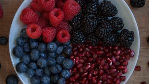 Preview wallpaper raspberries, blueberries, blackberries, pomegranate, berries, bowl