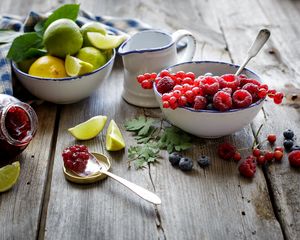 Preview wallpaper raspberries, blueberries, currants, red berries, lemon, lime, citrus, fruit, jam, jar, spoon
