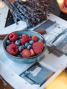 Preview wallpaper raspberries, blueberries, strawberries, berries, bowl