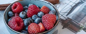 Preview wallpaper raspberries, blueberries, strawberries, berries, bowl