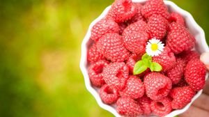 Preview wallpaper raspberries, bowl, blur, flower, ripe
