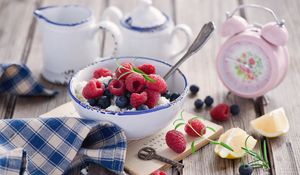 Preview wallpaper raspberries, cheese, fruit, lemon, alarm clock, breakfast