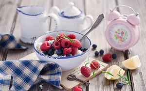Preview wallpaper raspberries, cheese, fruit, lemon, alarm clock, breakfast