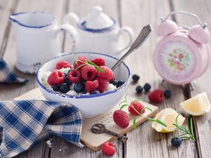 Preview wallpaper raspberries, cheese, fruit, lemon, alarm clock, breakfast