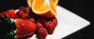 Preview wallpaper raspberries, strawberries, orange, berries, fruits