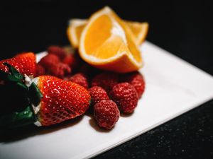 Preview wallpaper raspberries, strawberries, orange, berries, fruits
