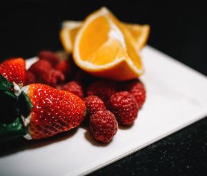 Preview wallpaper raspberries, strawberries, orange, berries, fruits