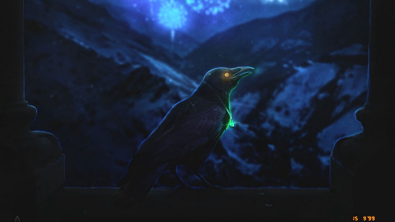 Wallpaper raven, bird, night, fireworks, dark