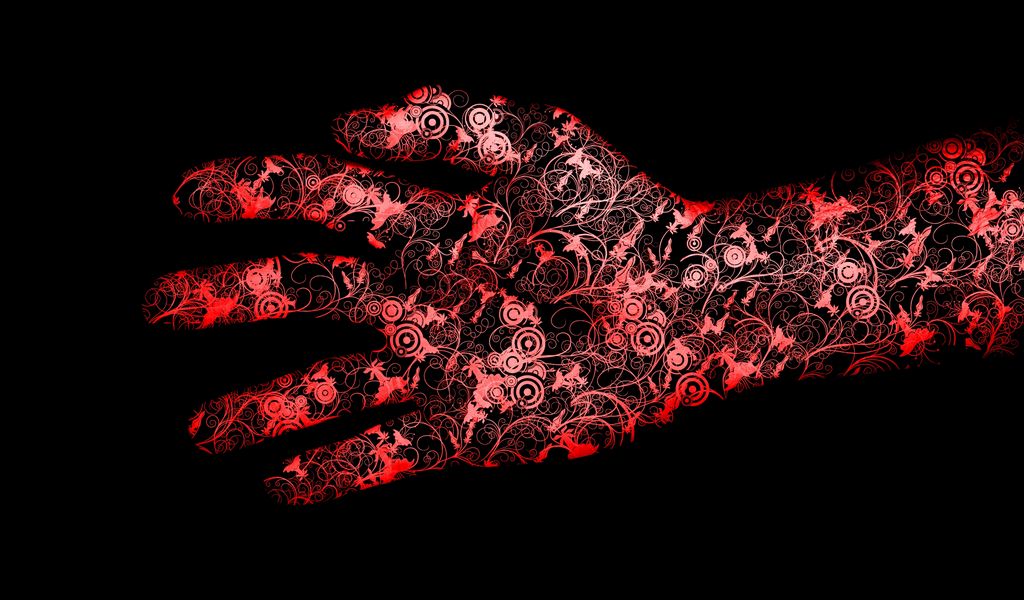 Download wallpaper 1024x600 red, black, hand, flowers netbook, tablet hd  background
