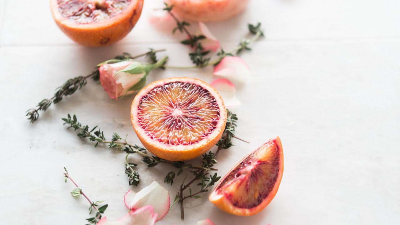 Wallpaper red orange, orange, slices, fruits, flowers, petals