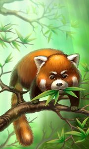 Preview wallpaper red panda, branches, leaves, animal, art