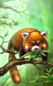 Preview wallpaper red panda, branches, leaves, animal, art