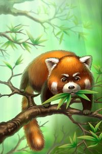 Preview wallpaper red panda, branches, leaves, animal, art