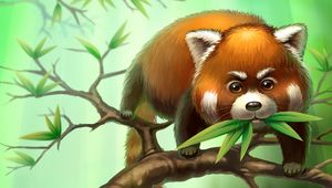 Preview wallpaper red panda, branches, leaves, animal, art