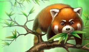 Preview wallpaper red panda, branches, leaves, animal, art