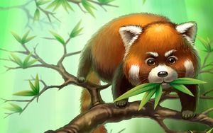 Preview wallpaper red panda, branches, leaves, animal, art