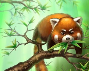 Preview wallpaper red panda, branches, leaves, animal, art