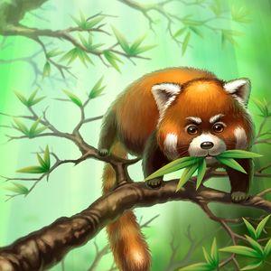 Preview wallpaper red panda, branches, leaves, animal, art