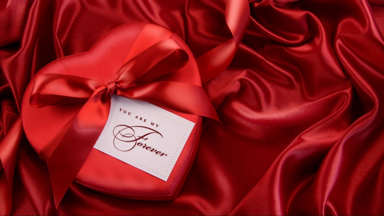 Wallpaper red, satin, ribbon, gift, heart, bow