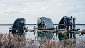 Preview wallpaper reeds, lake, pier, buildings