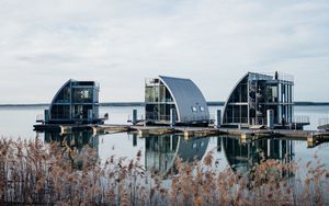 Preview wallpaper reeds, lake, pier, buildings