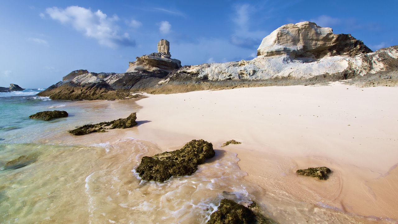 Wallpaper reeves, coast, sand, rocks, beach, sky, blue, solarly