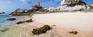 Preview wallpaper reeves, coast, sand, rocks, beach, sky, blue, solarly