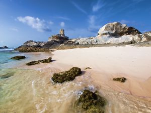 Preview wallpaper reeves, coast, sand, rocks, beach, sky, blue, solarly